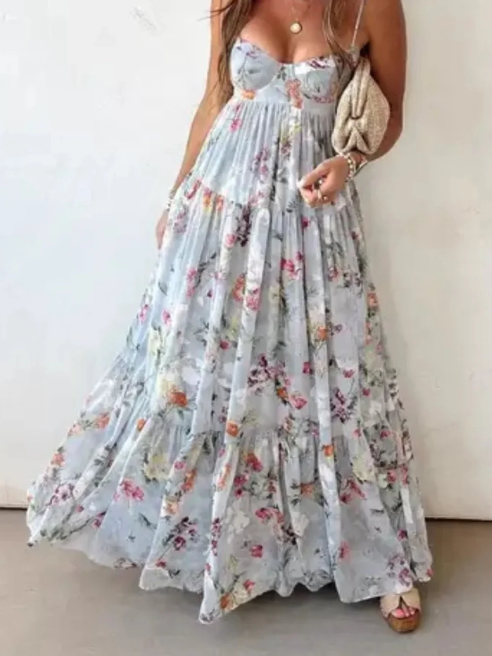 🆕👗 Light Blue Floral open Back Maxi Dress with Spaghetti Straps NWT